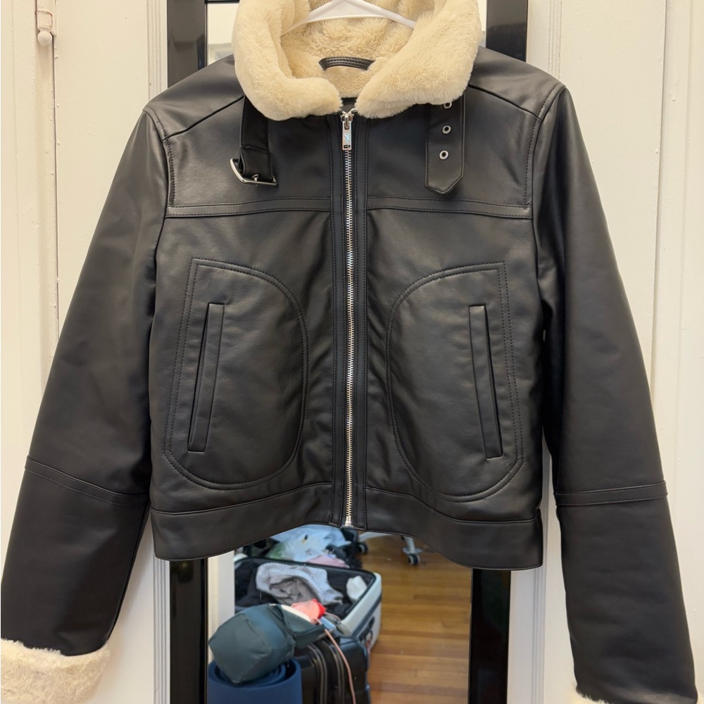 Hollister Black Leather Jacket with Cream Sherpa Collar